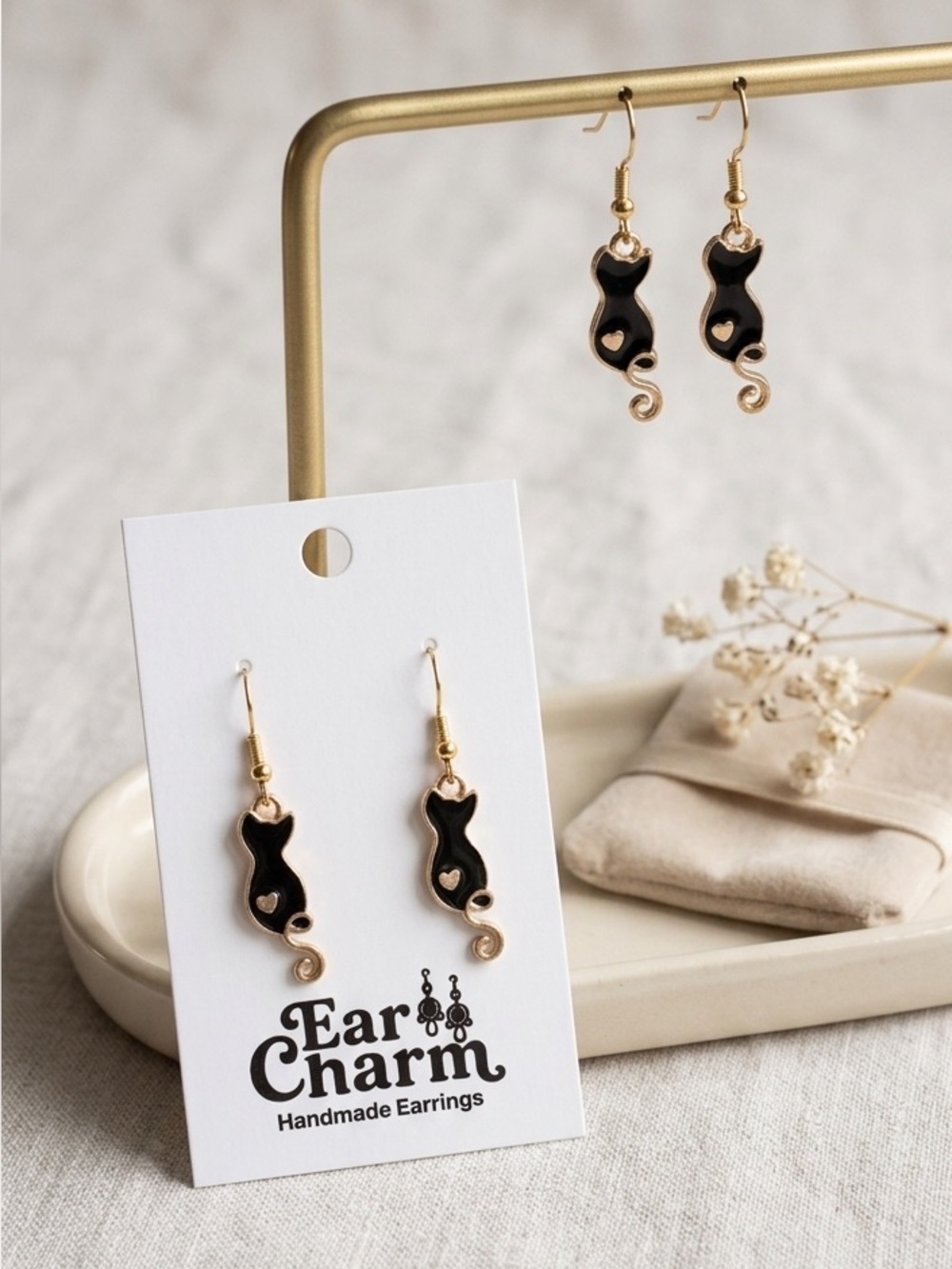 New- Black Cat Heart Dangle Earrings - Hand made